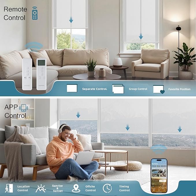 Motorized Shades Compatible with Alexa,Google Asssitant,Homekit Over Thead,5% Openness Solar Shades for Window, Smart Shades with Remote, APP/Voice Control,Custom Size,Aventus Ice