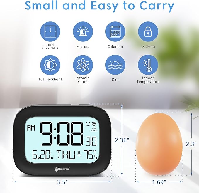 Geevon Small Digital Atomic Alarm Clock for Bedroom, Portable Battery Operated Travel Desk Clock for Heavy Sleepers, with 10s Backlight, Temperature, 3 Inch Display, Black