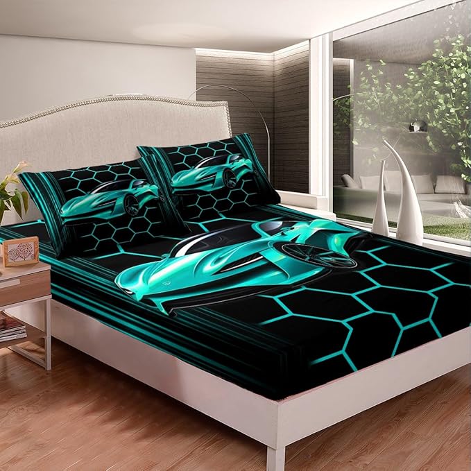 Sports Car Fitted Sheet Twin Size,Neon Lines Honeycomb Bed Sheet with 1 Pillowcase,Cool Speed Soft Decorative Fabric Bedding,Room Gift