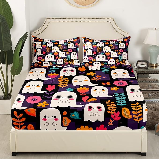 Cartoon Ghosts Fitted Sheet Queen Size Halloween Ghost Cute Groovy Daisy Flowers Bedding Sheet Set,Purple Squares Grids Patchwork Black Bed Cover Ultra Soft Breathable Bedding 3 Pcs