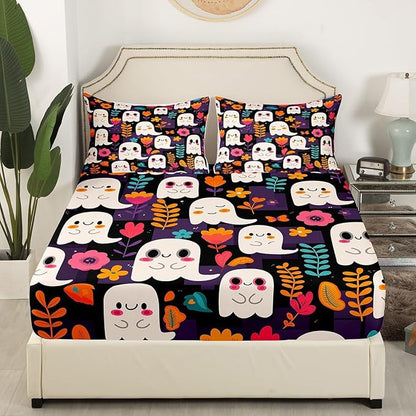 Cartoon Ghosts Fitted Sheet,Full Size Halloween Ghost Cute Groovy Daisy Flowers Collections,Purple Squares Grids Patchwork Black Bedding Deep Pocket for Kids Teens Young with 2 Pillowcases