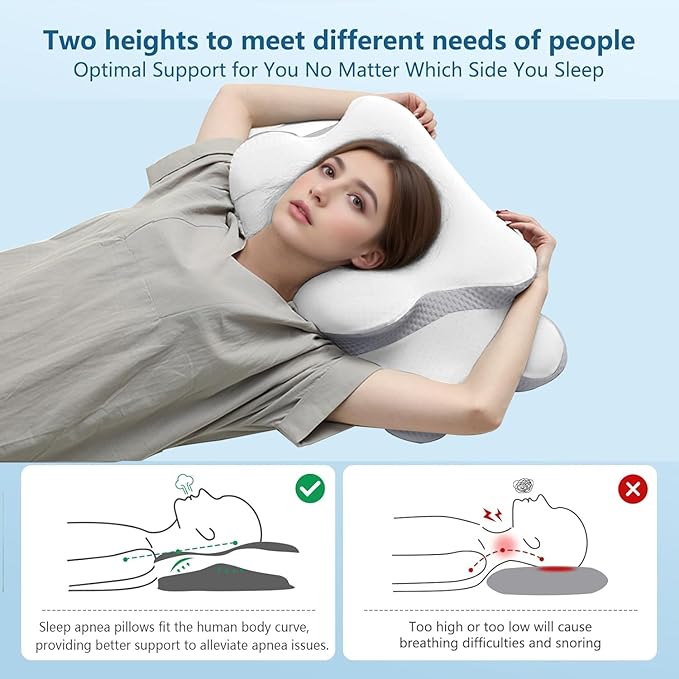 Ergonomic Pillow for Sleep Apnea, Neck Pain, and Snoring Relief | Cervical Neck Pillow for Side Sleepers | Orthopedic Memory Foam with Ergonomic Support, White