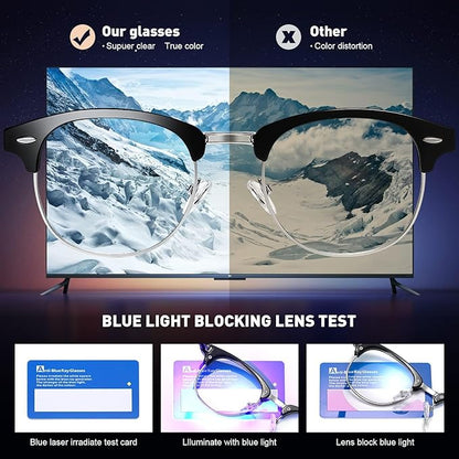 Blue Light Blocking Glasses Vintage Half Frame UV Clear Lens Anti Eyestrain Computer Gaming Glasses for Women Men (E-matte Black Silver+bright Black)