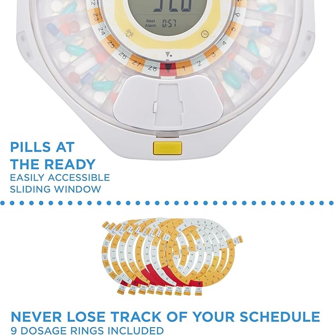 LiveFine Bluetooth Automatic Pill Dispenser, 28-Day Capacity, Sound & Light Alerts, Key Lock, LCD & Easy Setup on The LiveFine App for Prescriptions, Medications, Vitamins & Supplements - Frosted Lid