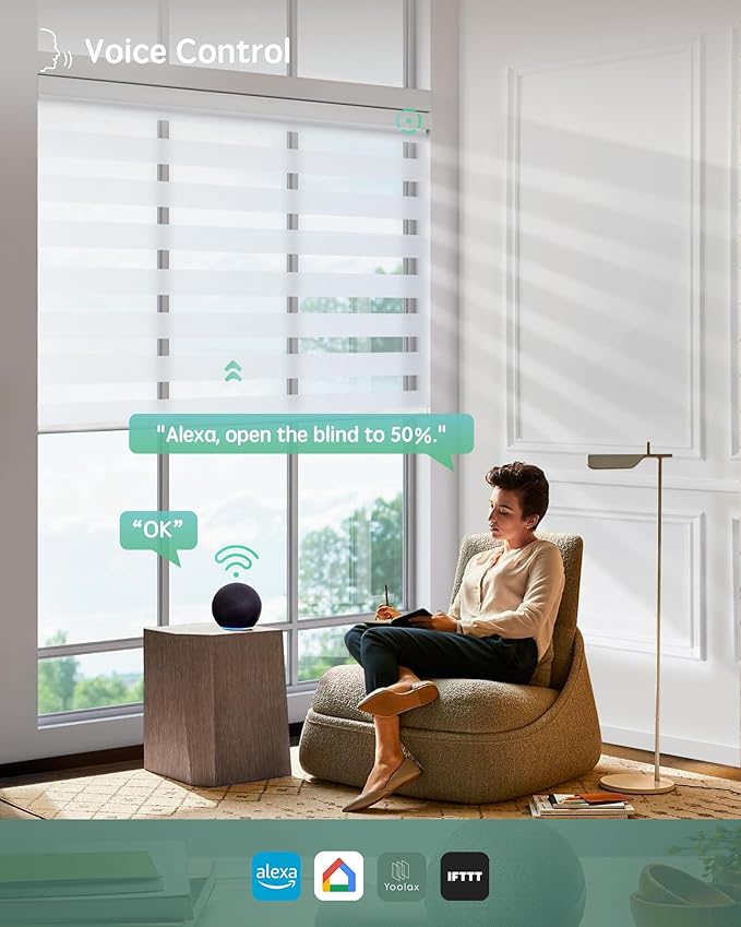 Yoolax Motorized Blinds with Remote, Electric Zebra Blinds for Indoor Windows, Room Darkening Smart Shades with Voice Control, Compatible with Alexa Google Home, APP Control, 24" W x 72" H, White