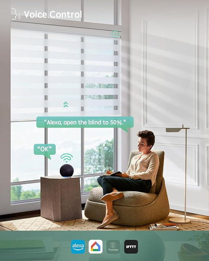 Yoolax Motorized Blinds with Remote, Electric Zebra Blinds for Indoor Windows, Room Darkening Smart Shades with Voice Control, Compatible with Alexa Google Home, APP Control, 30" W x 72" H, White