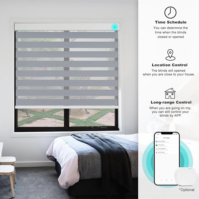Changshade Blackout Motorized Smart Zebra Blinds with Remote Control for Indoor Windows Doors, Custom Zebra Roller Shades Electric Automatic Work with Alexa, Goole Home, Apple Homekit, Dark Grey