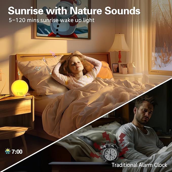 MOMILLA Smart Sunrise Alarm Clock, White Noise Sound Machine Wake-up Light with App Control, FM Radio, Sunset Night Light, Dual Alarms with Snooze Function for Heavy Sleepers Kids
