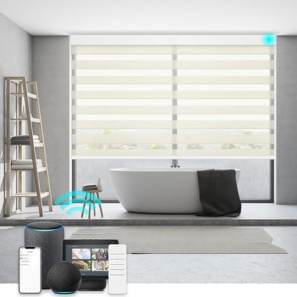 Changshade Smart Motorized Zebra Blinds Remote Control for Indoor Door Windows Light Filtering, Custom Size Shades Electric Power Automatic Compatible with Alexa, Google Home, Apple Homekit, Beige