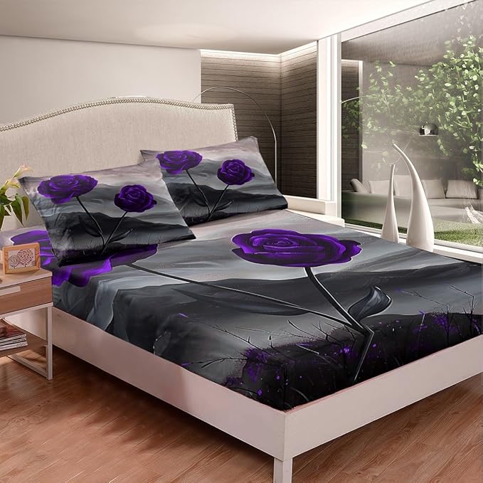 Manfei Purple Roses Bed Sheet Queen Set,Romantic Blooming Flowers Sheets Sets Bedroom Decor,Aesthetic Natural Mount Paint Bedding Set with Flat,Fitted Sheet,2 Pillow Cases