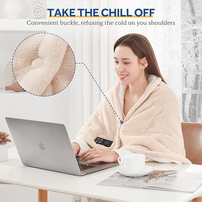 Sealy Heated Blanket Throw with Built-in Button Controller, Reversible Flannel to Sherpa Electric Blanket with 2-10 Hours Auto-Off & 4 Heating Levels, Over-Heat Protection, 50x60 inch, Beige