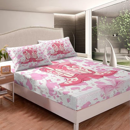 Western Cowgirl Full Size Fitted Sheet,Ethnic Tribal Boots Hat Retro 3 Pieces Kids Teenager Room Decor Princess Lace Pink Bowknot Rustic Cowhide Cow Fur Pocket 2 Pillowcases