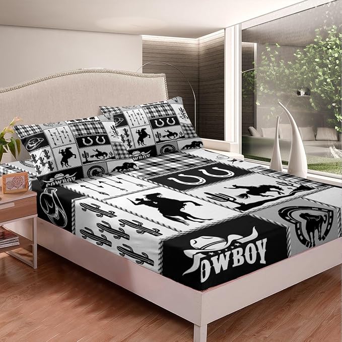 Western Cowboy Kids Sheet Full Size,Cactus Geometric Plaids Patch Bedding Set,Boys Girls Adults Room Decor,Horseshoe Rustic Farmhouse Black Retro Bed Sheet Set 4pcs(Fitted + Flat + 2 Pillowcases)