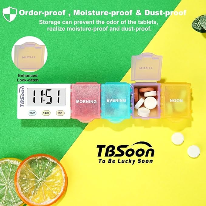 [4 in 1] 1 Day 4 Times Medicine Pill Organizer +5 Alarms + Timer+ Clock, Large Compartments,Loud Sound,Large Screen, Moisture-Proof,Dust-Proof, Travel Daily Pill Box/Organizer/Case/Container/Dispenser