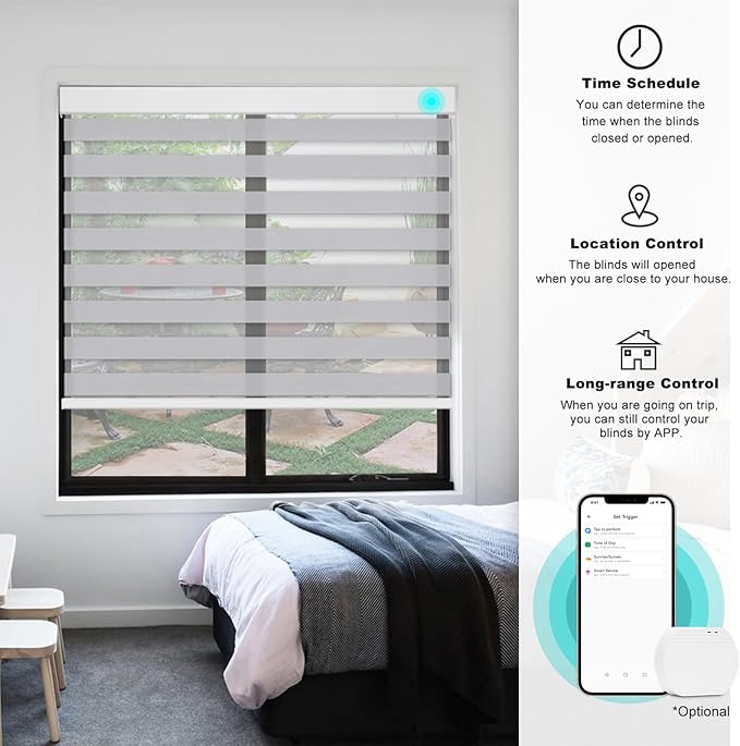 Changshade Smart Motorized Zebra Blinds Remote Control for Indoor Door Windows Light Filtering, Custom Size Shades Electric Power Automatic Compatible with Alexa, Google Home, Apple Homekit, Grey