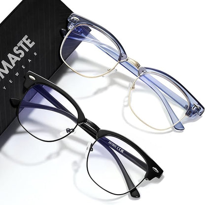 Blue Light Blocking Glasses Vintage Half Frame UV Clear Lens Anti Eyestrain Computer Gaming Glasses for Women Men (G06-crystal Blue+Bright Black)