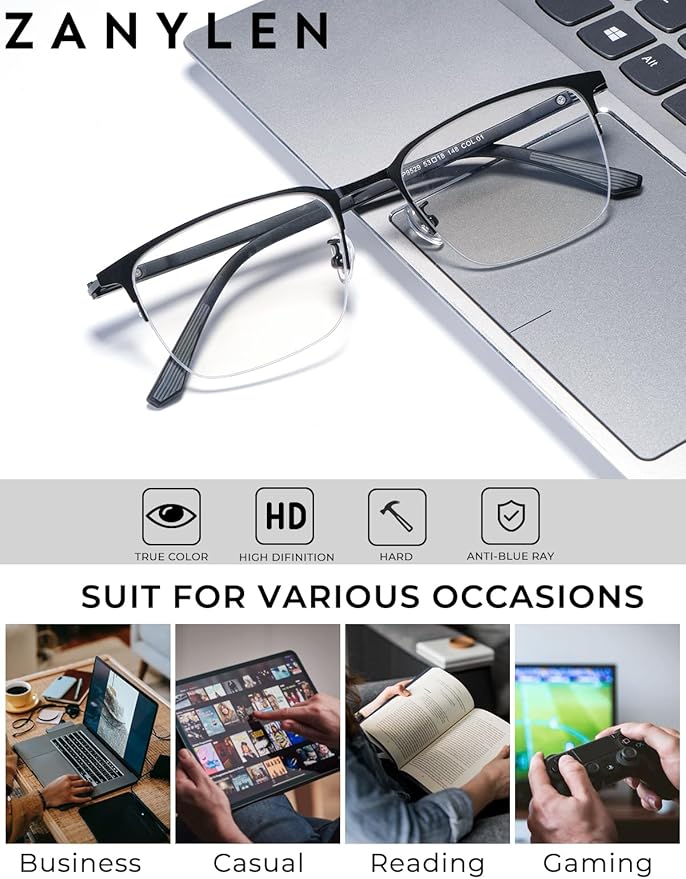 Blue Light Blocking Glasses Men Computer Gaming Glasses Rectangle Metal Semi-rimless Black Frame Anti Glare/UV400 Clear Lens