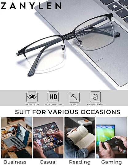 Blue Light Blocking Glasses Men Computer Gaming Glasses Rectangle Metal Semi-rimless Black Frame Anti Glare/UV400 Clear Lens