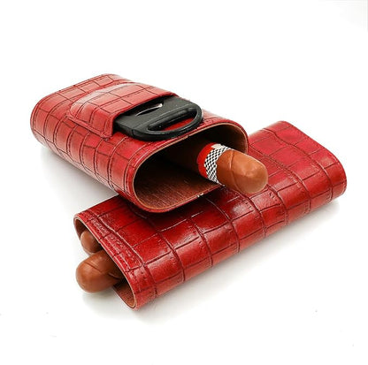 Red Cigar Case with Cutter - Portable Leather Travel Cigar Holder and Small Humidifier Kit for Women