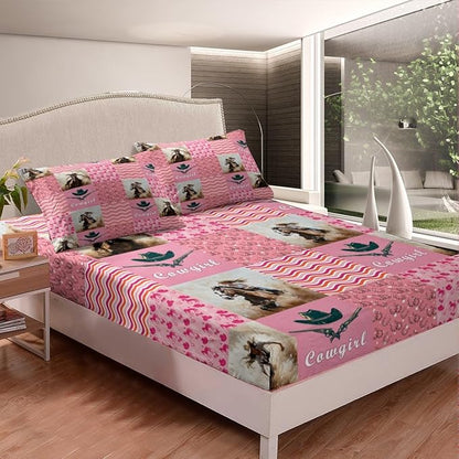 Western Cowgirl Bed Sheet Set 3 Pieces,Tribal Cowgirl Hats Horseshoe Rustic Farm Bedding Set(No Flat Sheet),Vintage Pink Plaids Patchwork Fitted Sheet,2 Pillow Cases,Full Size