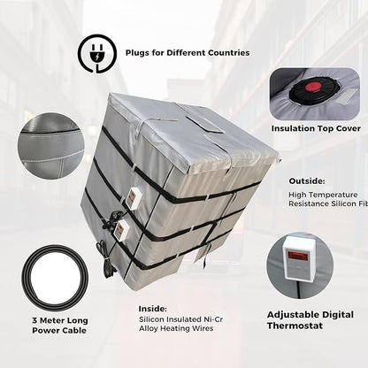 IBC Container Heater, IBC Tote Insulation Blanket, Smart Temperature Control up to 200°C, 1000L, IBC Tote Blanket with Thermostat, for Petroleum, Chemical, Food Processing Grey