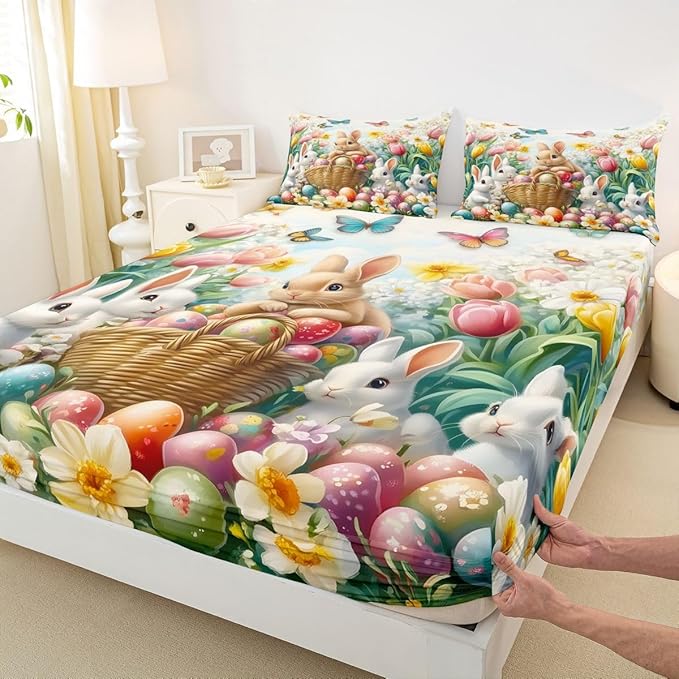 Happy Easter Bed Sheet Full Size Cute Rabbits Eggs Floral Bedding Set Butterfly Spring Tulip Fitted Sheet Kids Boys Girls Room Decor Colorful Soft Sheets with 2 Pillowcase,No Top Flat