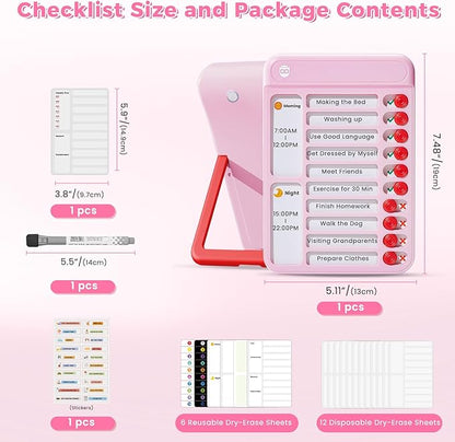 Chore Chart for Kids, Visual Schedule for Kids with Autism, Chart Board with 6 Reusable Sheets, Routine Chart Dry Erase Board, Magnetic Chore Chart for Fridge, Desk, Home - Pink