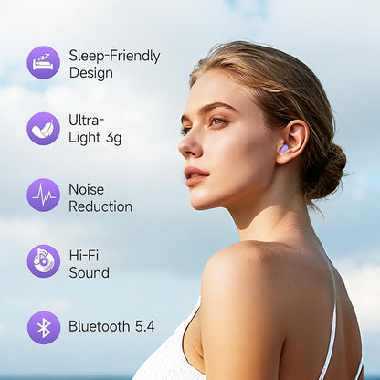 sunvito Sleep Earbuds for Side Sleepers, Mini Invisible Wireless Bluetooth 5.4 Micro Sleep Headphones, Hidden Earbuds with LED Screen for Small Ears Sleeping, Working, Exercise, Hiking(Purple)