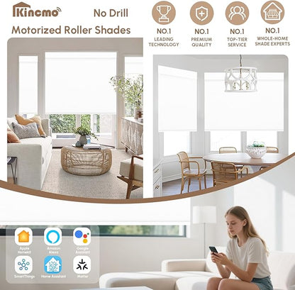 Kincmo No Drill Motorized Blinds with Remote, 100% Blackout Roller Shades for Windows, Custom Electric Blinds Compatible with Alexa, Apple Homekit, Google Home (100% Blackout Waterproof Vinyl White)