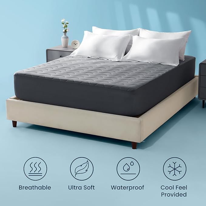 Sleep Zone Cooling Mattress Protector California King, Waterproof Bedding Pad for Hot Sleepers, Soft & Breathable Mattress Topper, Deep Pocket Mattress Cover，Hotel Quality (Dark Grey，California King)