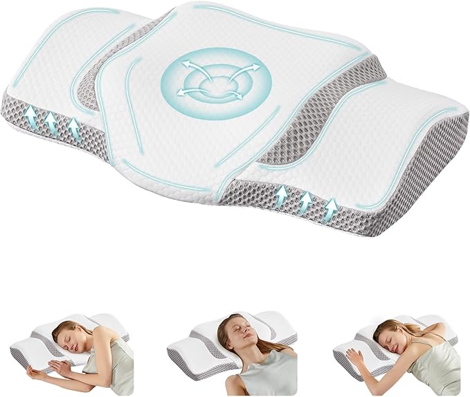 Sweetcrispy Cervical Pillow for Neck and Shoulder,Contour Memory Foam Pillow,Ergonomic Neck Support Pillow for Side Back Stomach Sleepers with Pillowcase, White & Grey