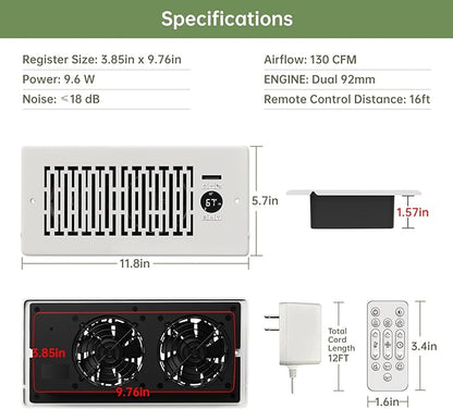 Register Booster Fan Fits 4” x 10” Register Holes, Smart Control Heating Cooling AC Vent Fan, 10-Speed Quiet Register Vent Booster Fans with Thermostat Control & Remote Control