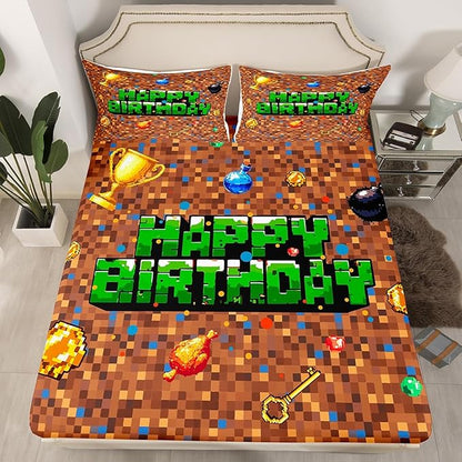 Pixel Game Kids Full Size Fitted Sheet,Happy Birthday Video Games Room Decor,Check Patchwork Geometric Boys Girls Bed Sheets,Brown Bedding Set,2 Pillowcases(No Flat)