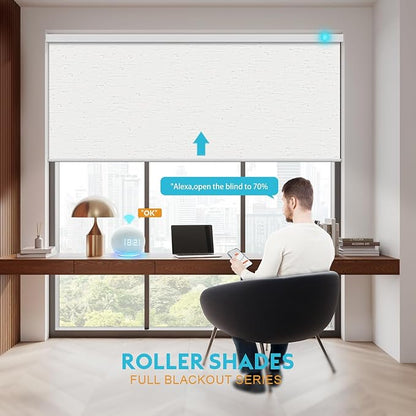 Motorized Blinds with Remote, 100% Blackout Smart Blind Roller Shades Compatible with Alexa Homekit, Automatic Electric Shades for Windows Customized Size（Linen Light Cream）