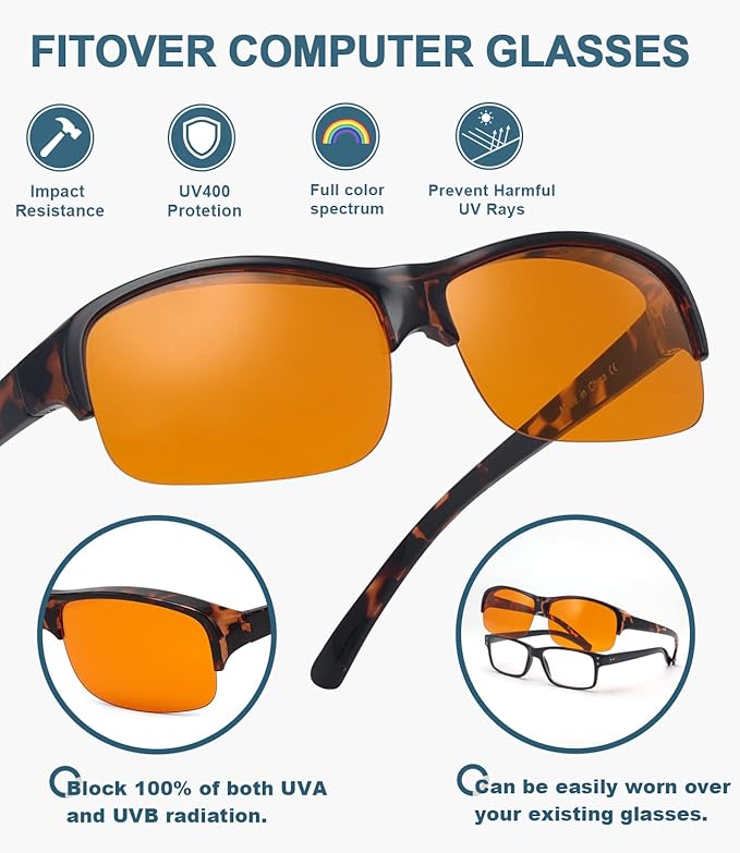 BLUELESS Computer Fit over Glasses with Orange Tinted Sleep Glasses, Tortoise