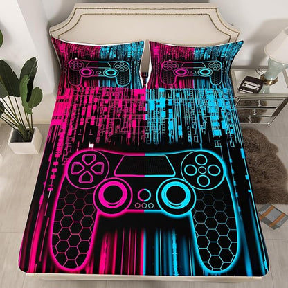 Videogames Gamepad Kids Sheet King Size,3D Modern Gaming Controller Bedding Set,Boys Girls Room Decor,Neon Honeycomb Hexagon Geometric Pink Blue Bed Sheet Set 4pcs(Fitted + Flat + 2 Pillowcases)