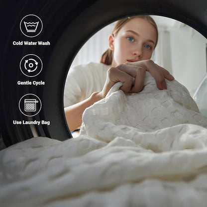 Aganear Waffle Blanket - Lightweight Breathable Summer Blanket of 50% Cotton and 50% Rayon Derived from Bamboo for Hot Sleepers Luxury Throws for Bed, Couch and Sofa,White,50x70 Inches