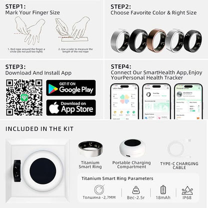 Smart Ring Titanium Fitness Sleep Tracker Health Monitoring Blood Pressure Blood Oxygen for iPhone and Android 7 Days Batterty Life (Silver, 7) Full Charge First Use