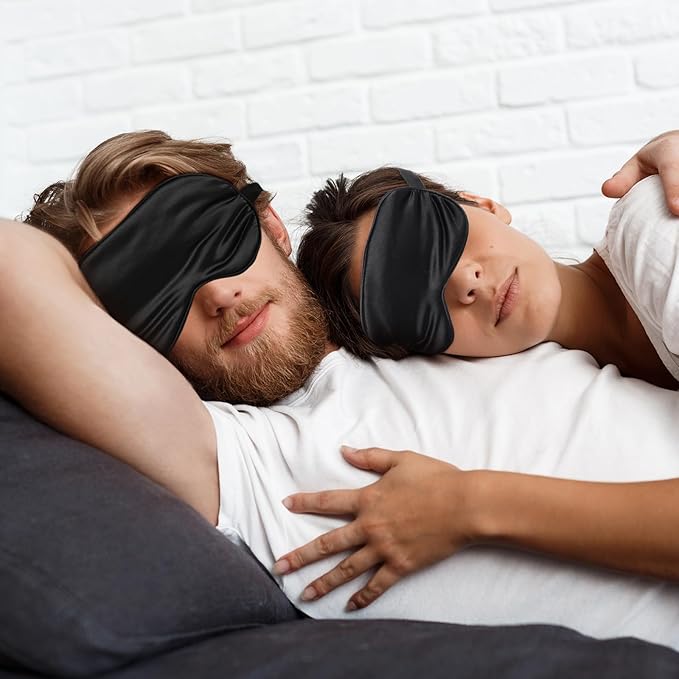 3 Pcs Sleep Mask for Sleeping, Silk Blackout Eye Mask Cover with Elastic Strap, Satin Night Blindfold Eyeshade Nap for Men and Women Travel (Black)
