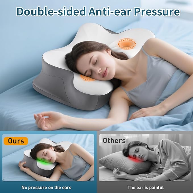 Cerrvical Neck Pillow- Ergonomic Memory Foam Pillows for Sleeping, Dual Ear Relief Zone Contour Pillow, Neck Support Pillows for Side Back &Stomach Sleeper (White)