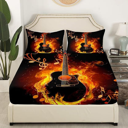 Electric Guitar Bed Sheet Set for Kids,Rock Music Theme Guitar Musical Notes Sheets Set,Neon Yellow Glowing Modern Artistic Home Decor Sheet Sets with Deep Pocket,Top Flat Sheet,Twin Size