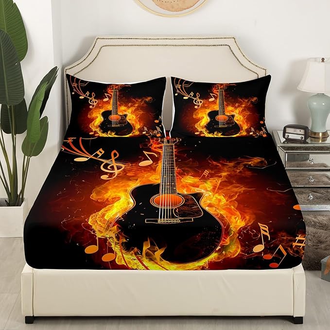 Electric Guitar Bed Sheet 4 Piece,Rock Music Theme Guitar Musical Notes Sheets Full Size Bed Set,Neon Yellow Glowing Modern Artistic Bedding Set with Flat,Fitted Sheet,2 Pillow Cases