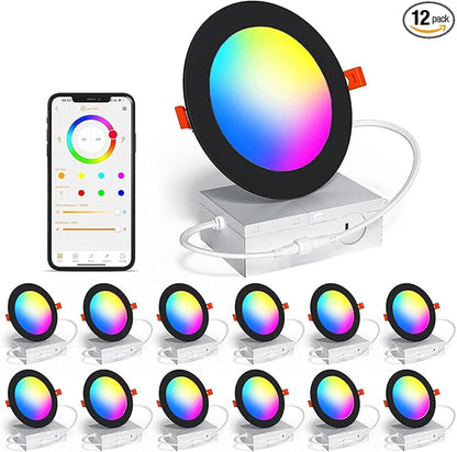 Smart Recessed Lighting 4 Inch RGBCW Color Changing 12W Black Recessed Ceiling Light with Junction Box,1080LM Canless LED Downlight Compatible with Alexa,Dimmable by Bluetooth Control -12Pack