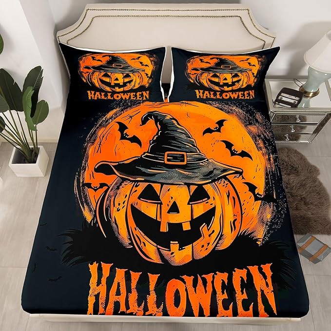 Happy Halloween Fitted Sheet Queen Size,Psychedelic Pumpkin Hippie Graffiti Bed Cover(1 Fitted Sheet+1 Pillow Case),Halloween Witch Hat Bats Trippy Orange Black Mattress Cover