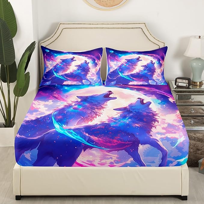 Wolf Kids Fitted Sheet Twin Size,Moon Night Starry Sky Bedding Set,Boys Girls Room Decor,Wildlife Rustic Animal Hunting Adventure Bed Cover,Blue Purple Bed Sheet,1 Pillowcase