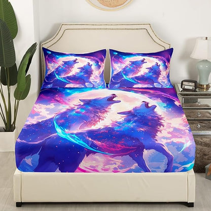 Wolf Kids Fitted Sheet Queen Size,Moon Night Starry Sky Bedding Set,Boys Girls Room Decor,Wildlife Rustic Animal Hunting Adventure Bed Cover,Blue Purple Bed Sheet,2 Pillowcases
