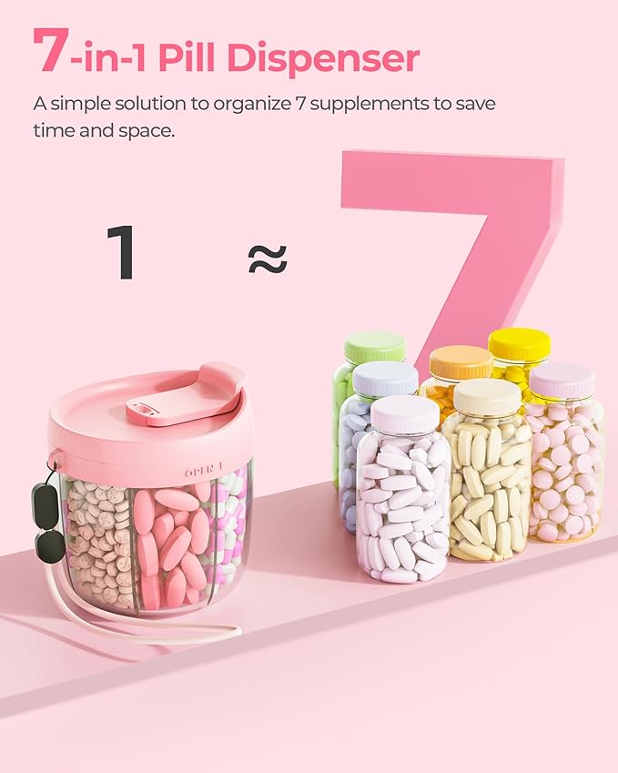 Cute Pill Dispenser with 7 Compartments, Pill Bottle Organizer with Anti-Mix Design, Portable Pill Organizer for Travel with Wide Mouth for Easy Access, BPA-Free Patented Pill Container, Pink
