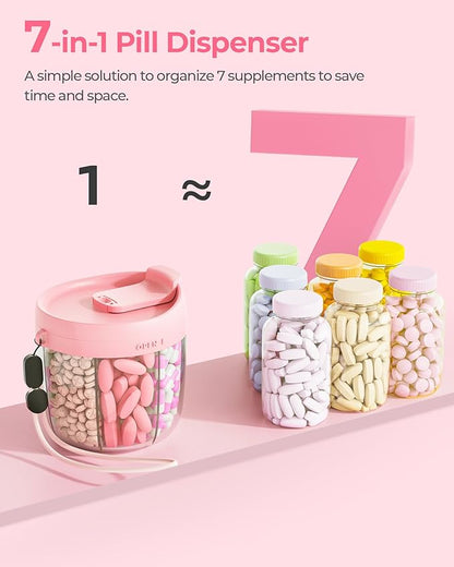 Cute Pill Dispenser with 7 Compartments, Pill Bottle Organizer with Anti-Mix Design, Portable Pill Organizer for Travel with Wide Mouth for Easy Access, BPA-Free Patented Pill Container, Pink