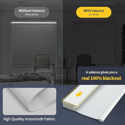 Motorized Blinds with Remote, Grasscloth Fabric Smart Blinds with Valance Cover, Cordless Automatic Roller Shades, Blackout Electric Blinds for Windows,Bright White 34½"W x 72" H