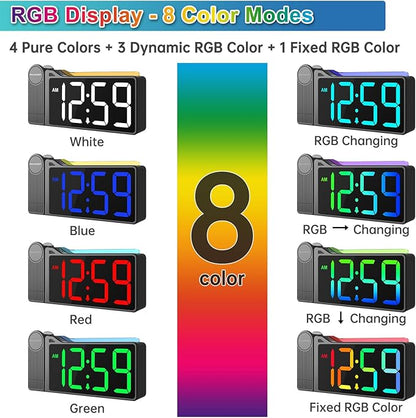 Peakeep Projection Alarm Clock for Bedroom Ceiling, Loud for Heavy Sleepers, RGB Nightlight, Multi-Color Large Display 5 Brightness Dimmer, Plug in Bedside Electric LED Digital Clock with USB Port